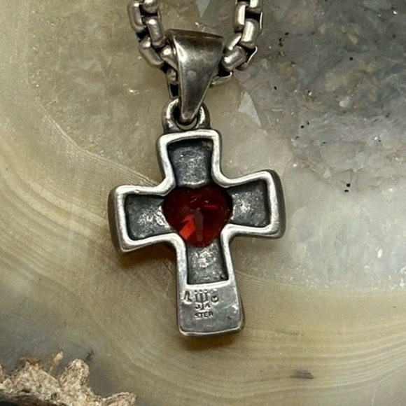 Retired James Avery Silver Cross Pendant with Red Garnet Heart Gemstone - Picture 2 of 4